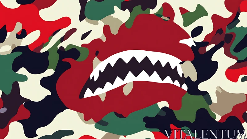 Camouflage pattern with stylized jaws graphic motif.