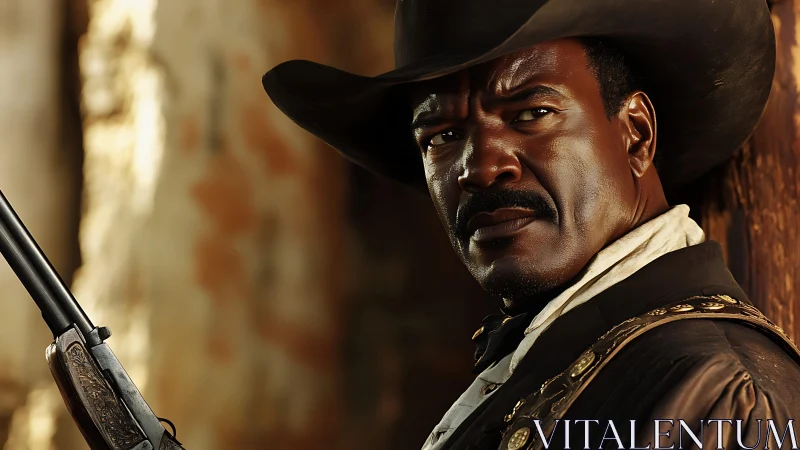 Cowboy with rifle in rustic outdoor western environment.