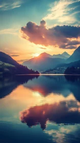 Sunset piercing alpine peaks in mirrored lake glowscape.