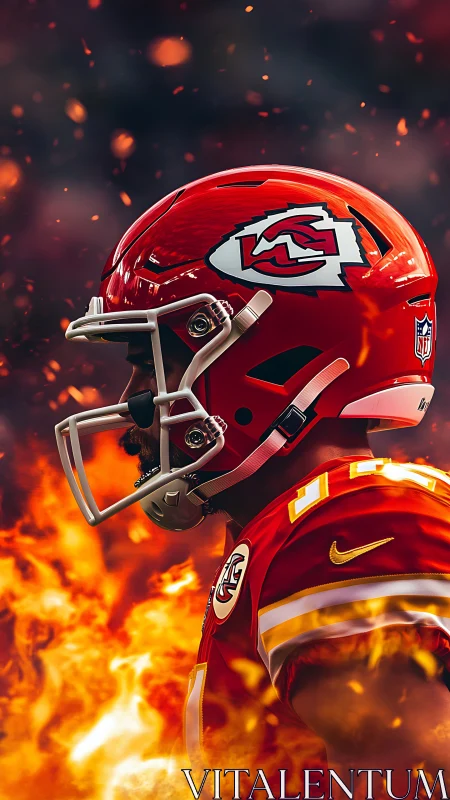 Kansas City football player profile in helmet above flames