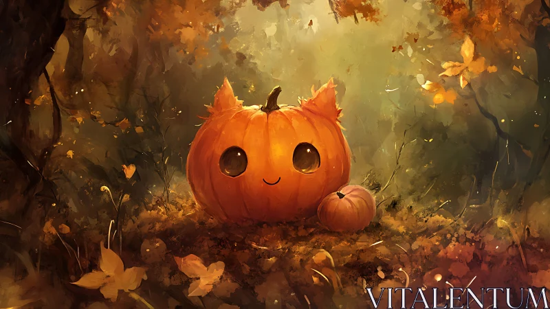 Pumpkin with animal-like face in autumn forest setting.