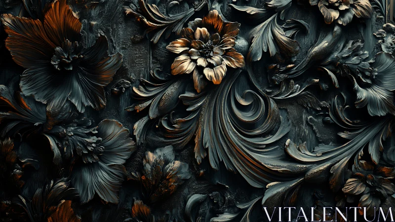 Gilded midnight florals swirling through sculpted shadowed petals.