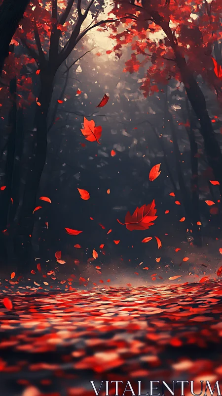 Crimson leaves swirl through misty backlit autumn forest.