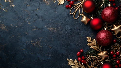 Red and gold Christmas baubles on dark festive background.