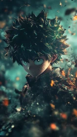 Volumetric anime hero in turbulent particle eruption field.