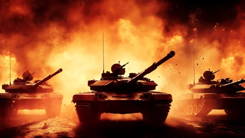 Armored Inferno: Three Tanks Charging Through Apocalyptic Flames.