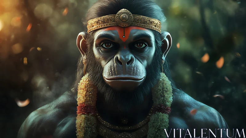 Forest-crowned simian guardian draped in sacred marigolds.