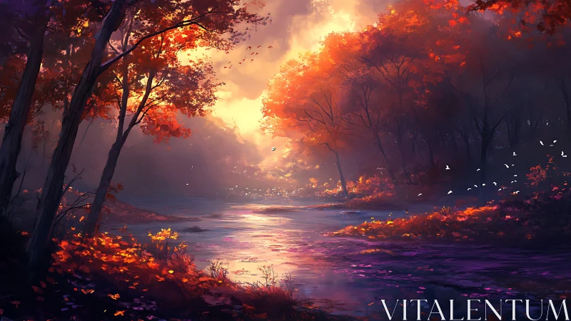 Forest Illumination at Sunset: Luminous Landscape with Radiant Water Reflection.