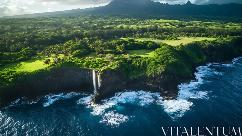 Coastal waterfall descending from green cliffs into turbulent ocean waters
