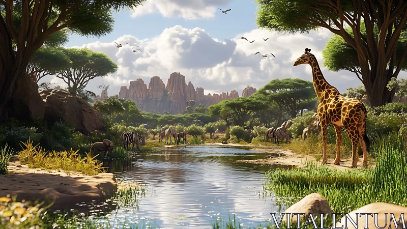 Savanna wildlife at riverside under scattered cloud cover.