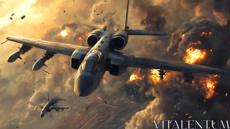 Futuristic strike aircraft dive through firelit storm clouds.