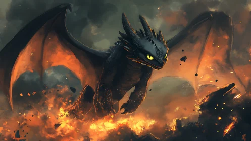 Digital painting of a black dragon over erupting inferno skies.