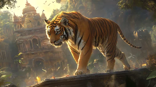 Temple-roaming tiger monarch over sun-dusted jungle ruins.
