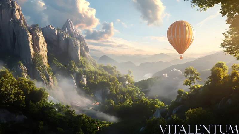 Sunny hot air balloon drifting above peaceful green valley.