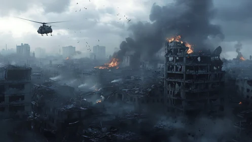 War-torn cityscape burns under heavy smoke and falling ash.