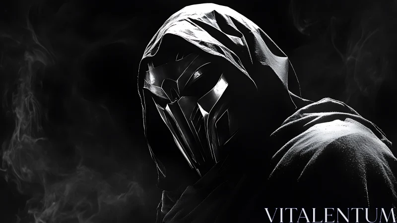 Mysterious hooded figure in gleaming metal mask and shadow.