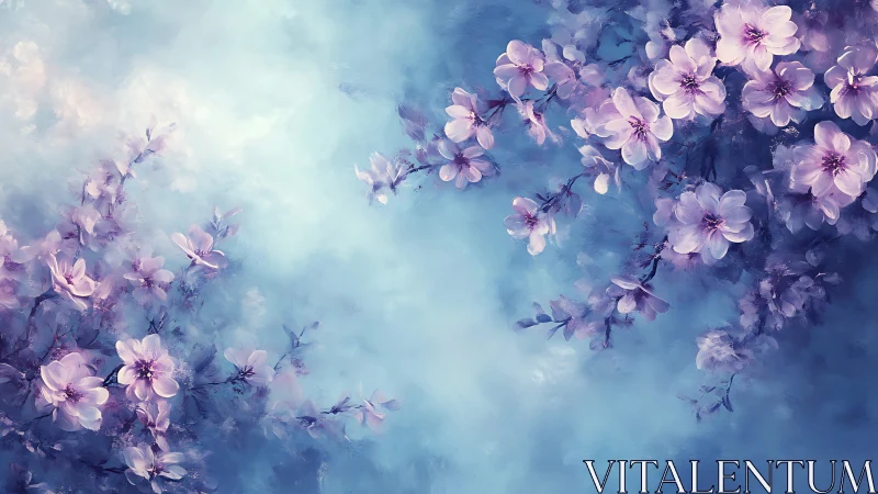 Dreamy Purple Blossoms Floating in Soft Blue Light.