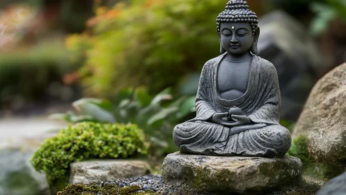 Buddha statue sits on stone base in landscaped garden
