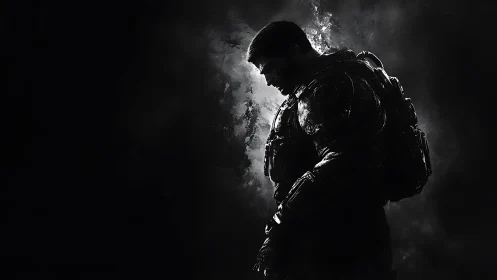 Brooding space marine eclipsed by stormlit cosmic shadow.