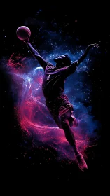 Basketball player leaping with neon splash trail effect.