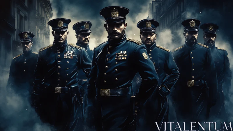 Night patrol of determined officers steps through city fog