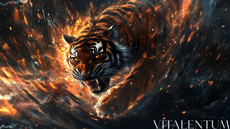 Tiger emerges through swirling embers in dynamic frontal view