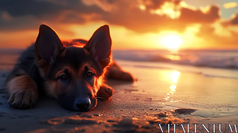 German shepherd puppy rests on glowing sunset shoreline.