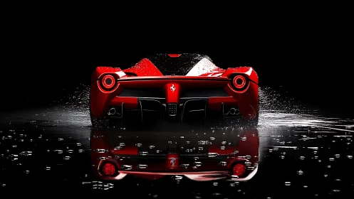 Red sports car rear view with water splash and reflection.