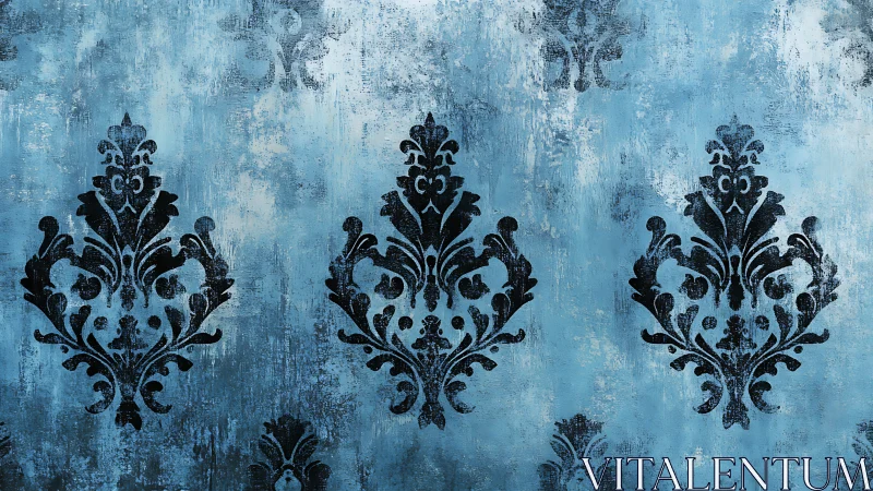 Ornate black damask motifs enrich a distressed blue wall