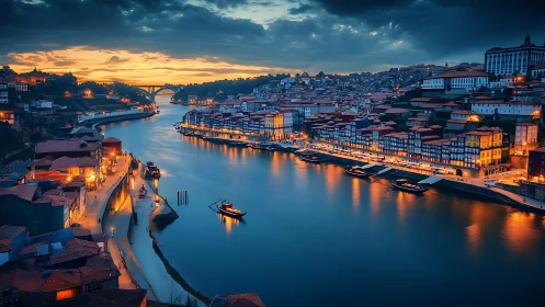 Riverside European city glows under dramatic twilight sky