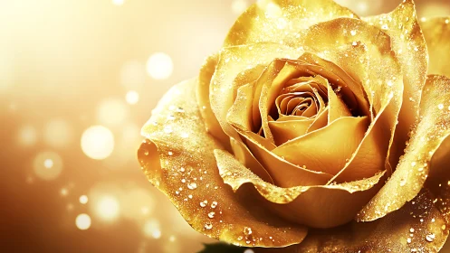 Gold rose with water droplets photographed under warm bokeh lighting