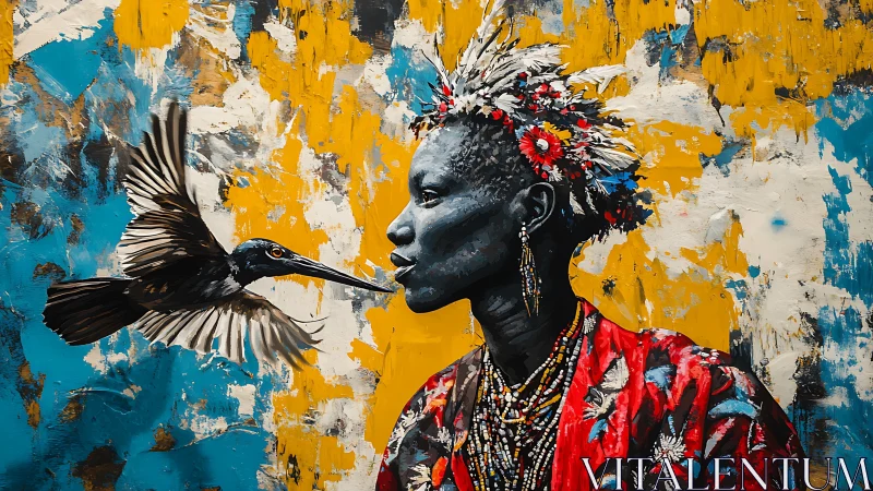 Profile portrait with bird interaction against abstract field.