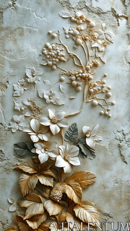 Stucco blossoms climb quietly across a weathered wall