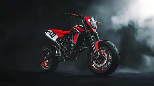 Aggressive red racing motorcycle in cinematic studio fog.
