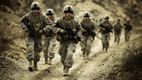 Soldiers in combat gear running on dusty rural trail.