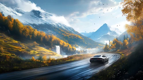 Curving mountain drive with a sleek car and golden forests.