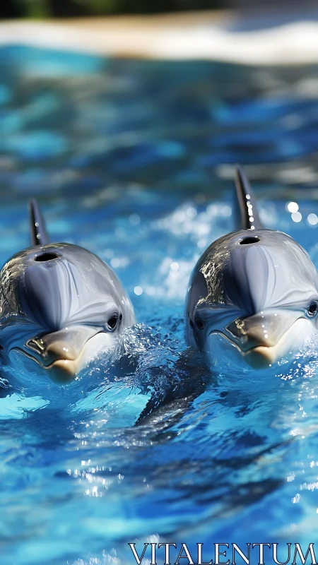 Twin dolphins gliding through rippled turquoise water surface.