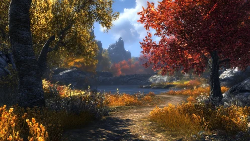 Autumn riverbank quietly rehearses its golden firework finale