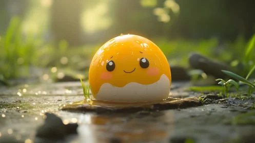 High-gloss kawaii egg yolk character in damp forest micro-scene