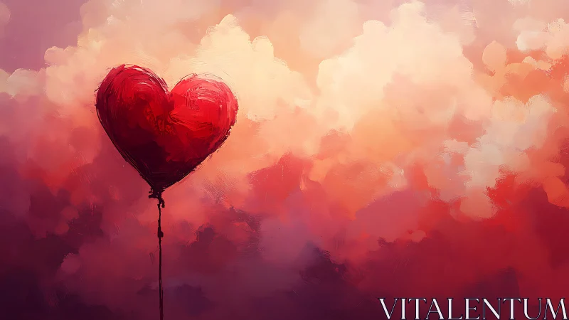 Red heart-shaped balloon floats through layered pastel cloud formations with gradient overlay.