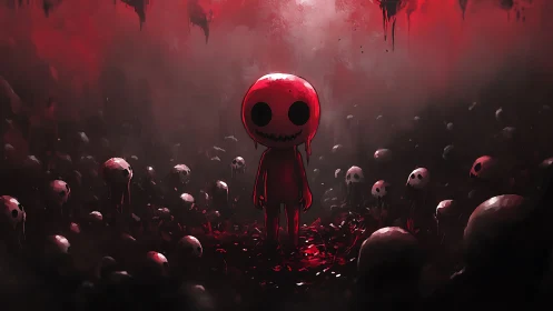 Bloodlit chibi horror figure amid skull-strewn voidscape.