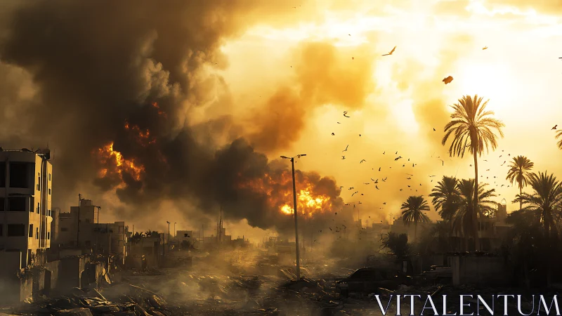 Exploding firestorm engulfs war-torn city at sunset.