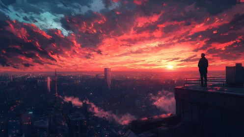 Sky-burned city waits while a lone rooftop watcher decides