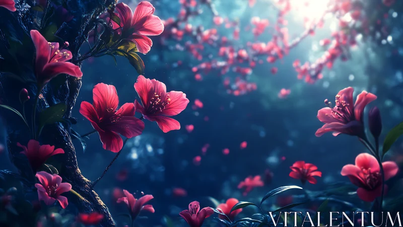 Pink Flowers Bloom Against Deep Blue Mystical Background.