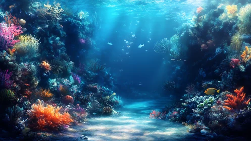 Sunlit coral canyon where quiet fish guard secret blues.