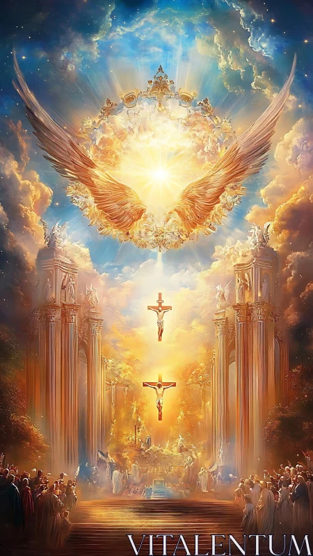 Celestial crucifixion beneath a blazing seraphic crown.