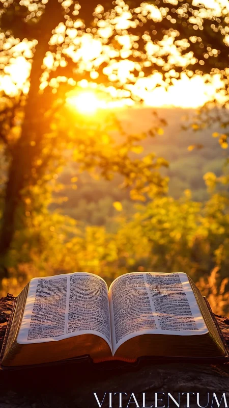 Open Bible illuminated by golden sunset in shallow depth of field