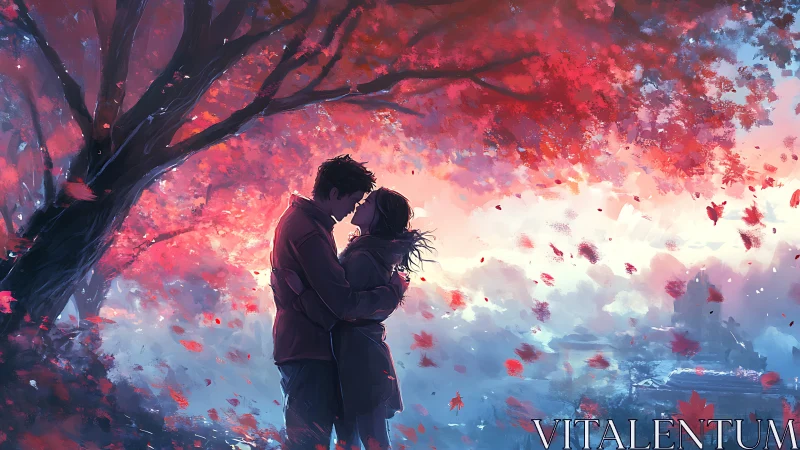 Two Figures Embracing Under Luminous Crimson Foliage