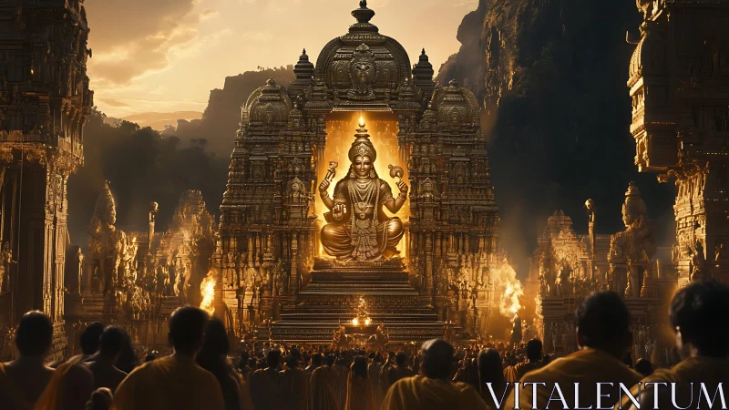 Sunlit deity towers ignite a golden temple in gathered dusk