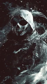 Spectral tactical operative with skull mask in volatile haze.